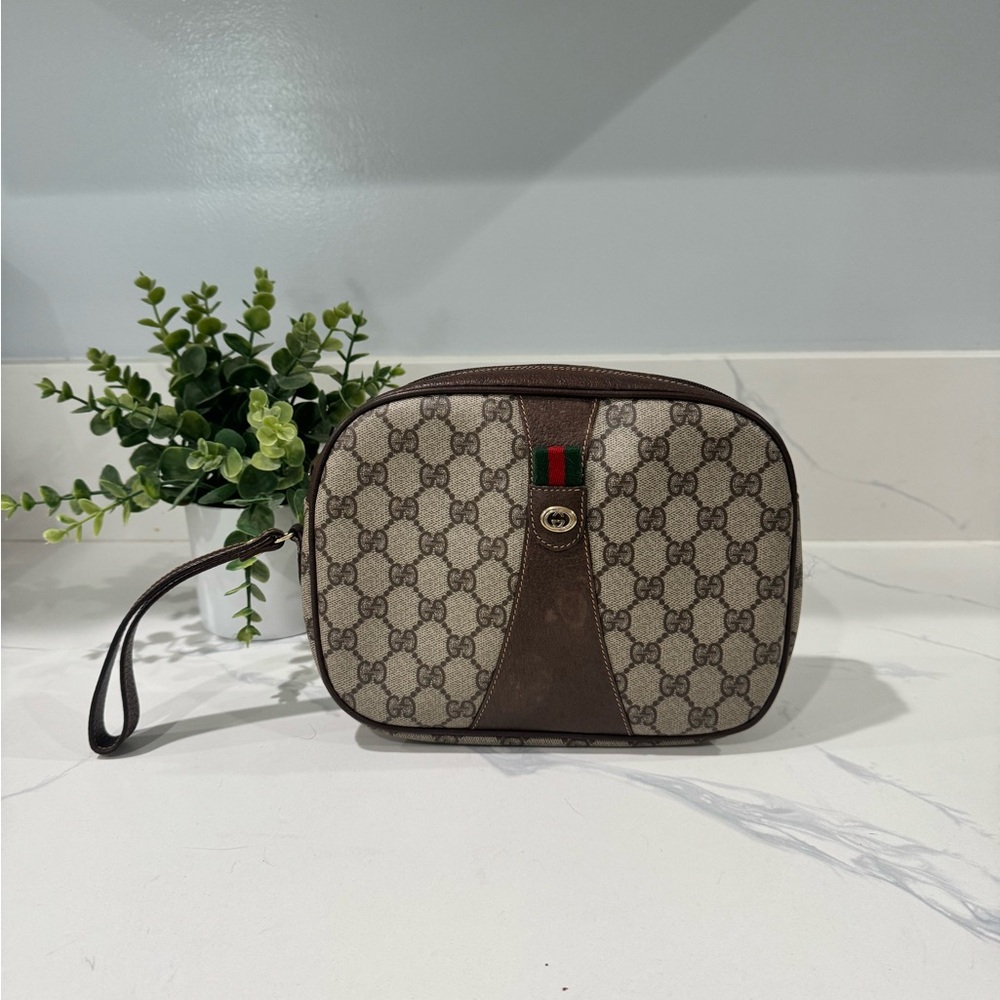 SOLD-Authentic Vintage Gucci Brown Monogram Wristlet Bag - Picture 1 of 16